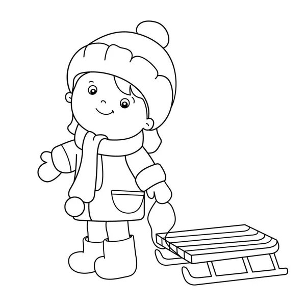 Coloriage contour de fille de dessin animé avec traîneau. L'hiver. Livre à colorier pour enfants — Image vectorielle