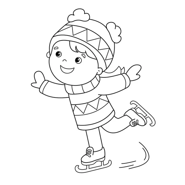 Coloring Page Outline Of cartoon girl skating. Winter sports. Coloring book for kids — Stock Vector