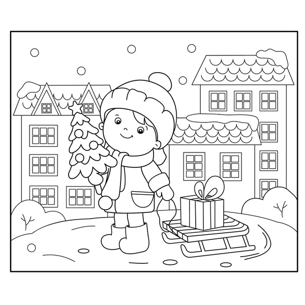 Coloring Page Outline Of girl with gifts at Christmas tree. Christmas. New year. Coloring book for kids — Stock Vector