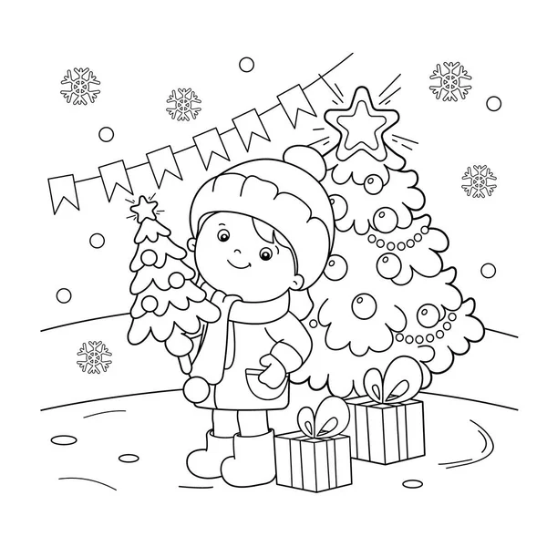 Desenho de página para colorir de menina com presentes na árvore de Natal. No Natal. Ano Novo. Livro para colorir para crianças —  Vetores de Stock