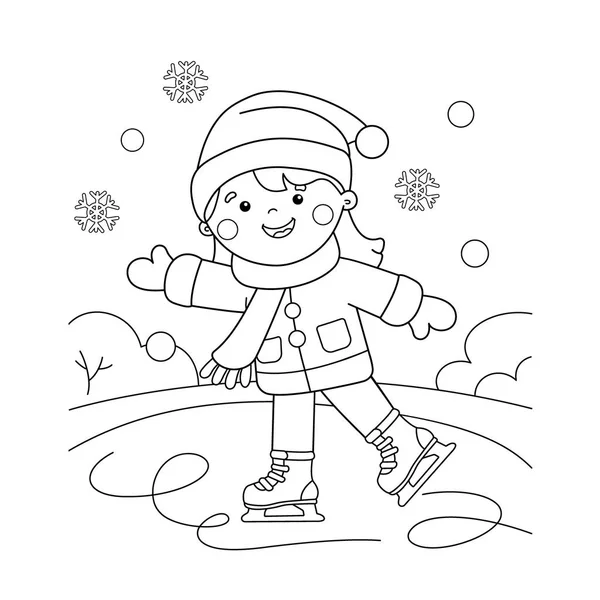 Página para colorear Esquema de dibujos animados niña patinaje. Deportes de invierno. Libro para colorear para niños — Archivo Imágenes Vectoriales