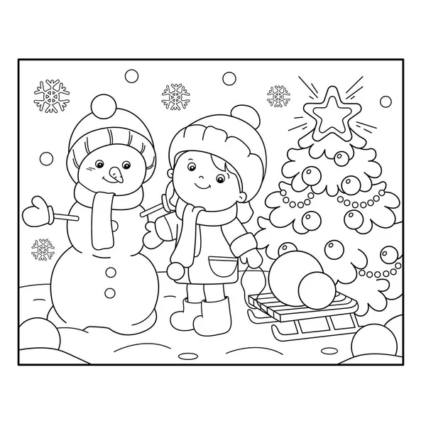 Χρωματισμός σελίδα διάρθρωσης του κορίτσι με χιονάνθρωπο και το χριστουγεννιάτικο δέντρο. Χριστούγεννα. Το νέο έτος. Βιβλίο ζωγραφικής για παιδιά — Διανυσματικό Αρχείο