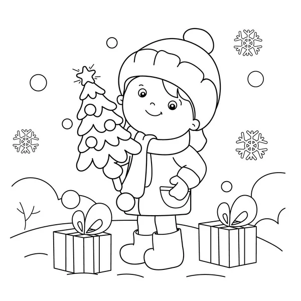 Disegno da colorare della ragazza con i regali all'albero di Natale. Natale. Anno nuovo. Libro da colorare per bambini — Vettoriale Stock