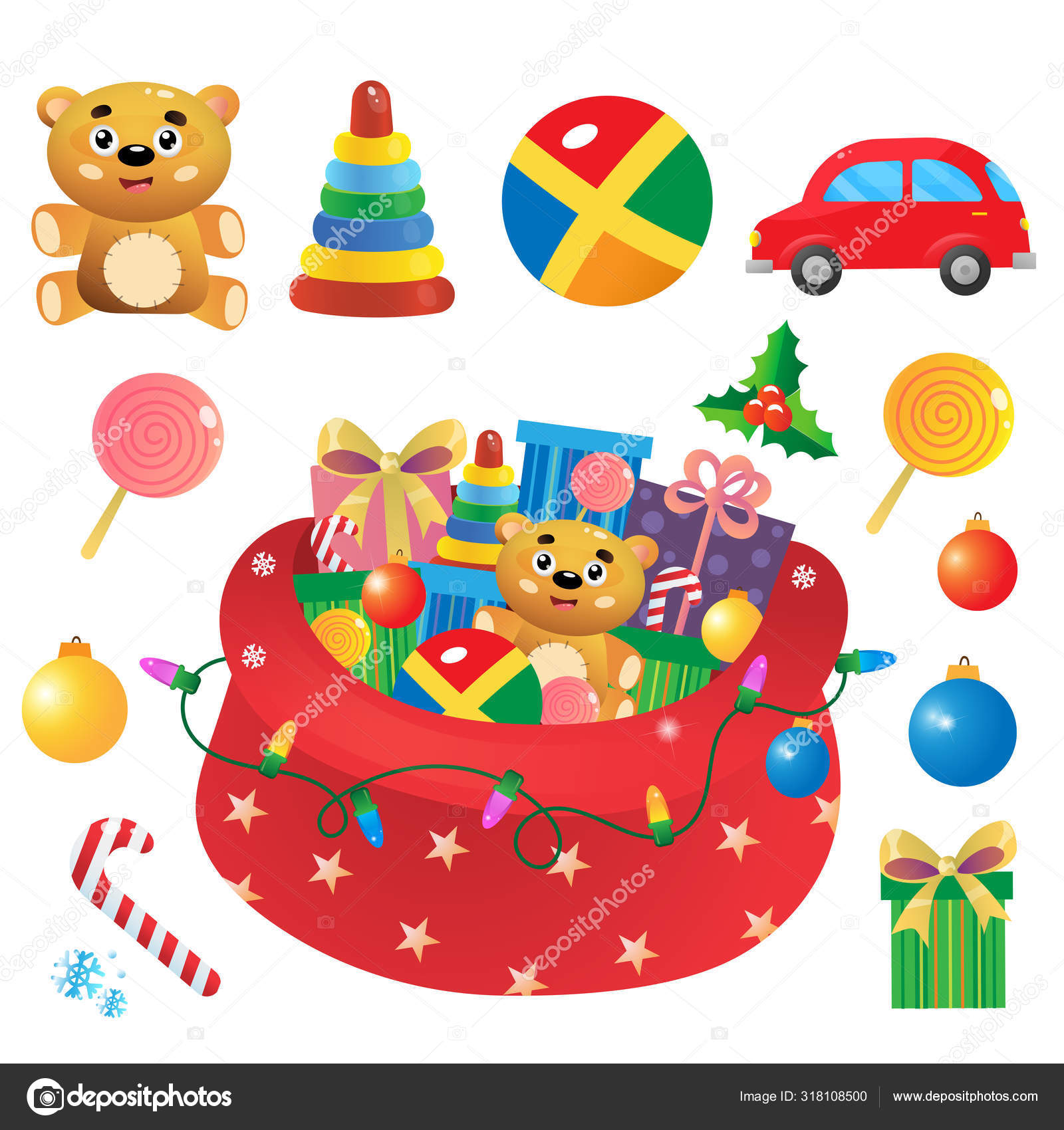 Santa Claus bag with gifts, toys and sweets. Toys set for kids. Toy car