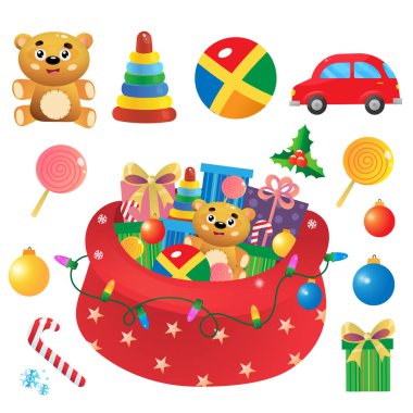 Hediyeler, oyuncaklar ve şekerlerle dolu Noel Baba çantası. Çocuklar için hazırlanmış oyuncaklar. Oyuncak araba. Oyuncak ayı. Top ve oyuncak piramidi. Noel zamanı. Yeni yıl. Kartpostal için dekoratif unsur. Çocuklar için kart