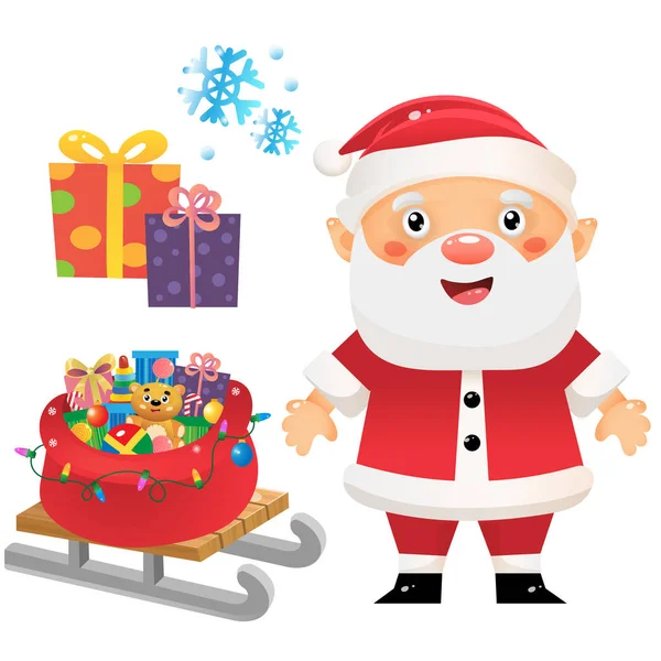 Weihnachtsmann mit Geschenk. Weihnachtstasche mit Geschenken, Spielzeug und Süßigkeiten auf dem Schlitten. Neujahr. Weihnachtsset für Kinder — Stockvektor