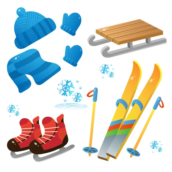 Set decorativo de invierno para niños. Esquí y patines. Trineo de madera. Cap. Mitones. Bufanda. Ropa de invierno. Actividades de ocio de invierno . — Archivo Imágenes Vectoriales