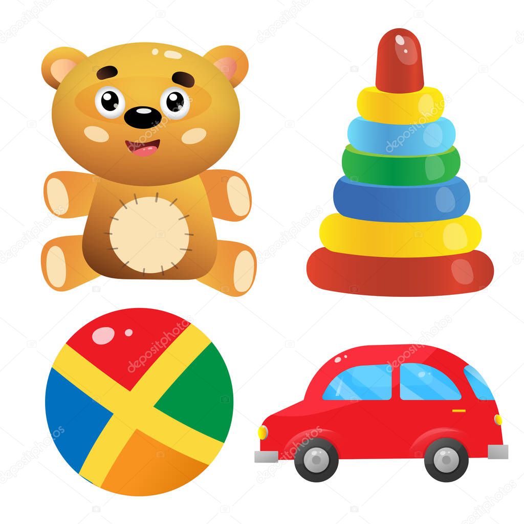 Toys set for kids. Toy car. Teddy bear. Ball and toy pyramid. Decorative element for postcard.