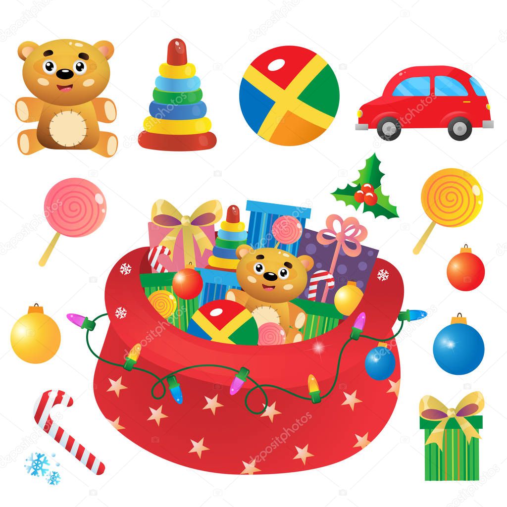 Santa Claus bag with gifts, toys and sweets. Toys set for kids. Toy car. Teddy bear. Ball and toy pyramid. Christmas. New year. Decorative element for postcard. Card for kids