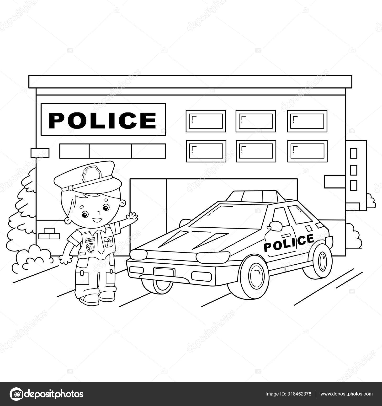 Puzzle game police car, color by number sheet for children. Vector coloring  page for learning numbers Stock Vector