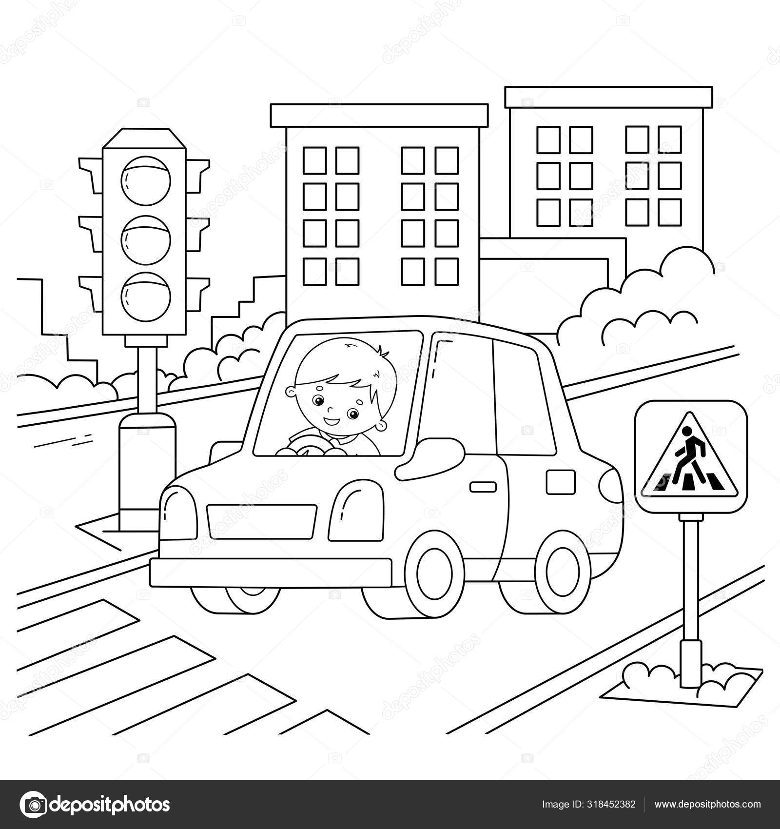 Coloring Page Outline Of cartoon car with driver on road. Traffic light