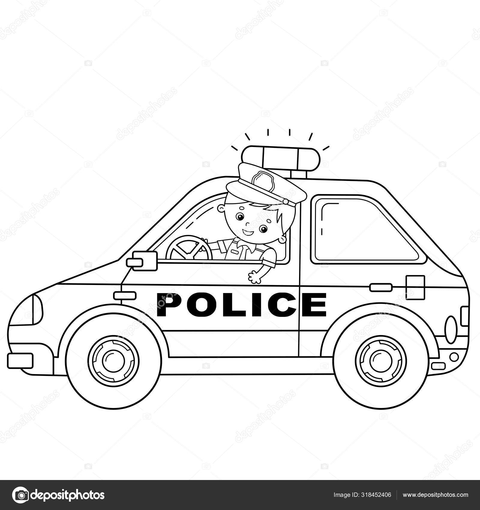 Puzzle game police car, color by number sheet for children. Vector coloring  page for learning numbers Stock Vector