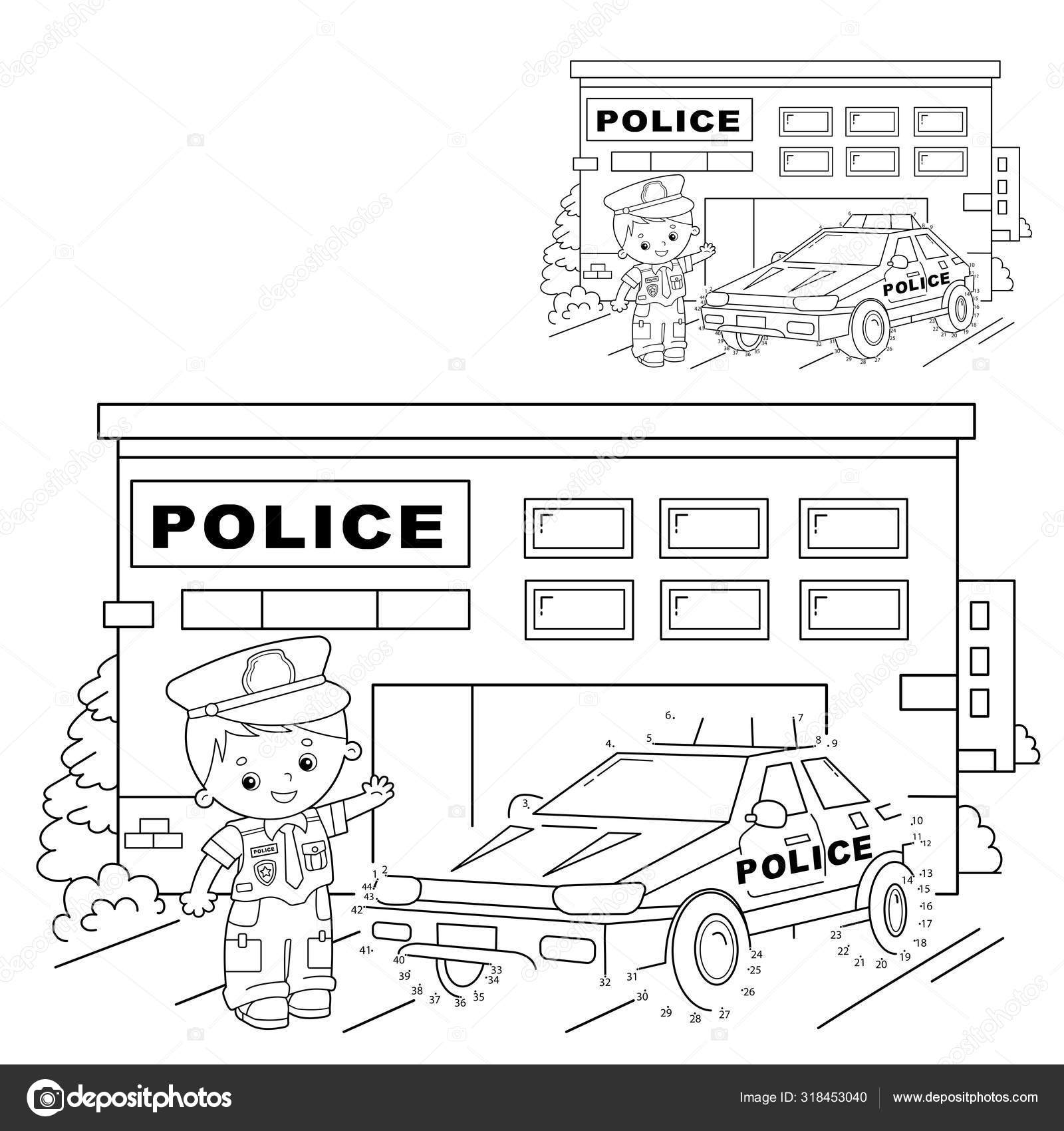 Puzzle game police car, color by number sheet for children. Vector coloring  page for learning numbers Stock Vector