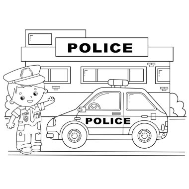Coloring Page Outline Of cartoon policeman with car. Profession - police. Image transport or vehicle for children. Coloring book for kids. clipart