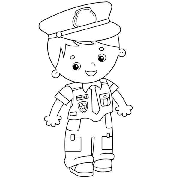 Coloring Page Outline of cartoon policeman (dalam bahasa Inggris). Profesi: Polisi. Buku mewarnai untuk anak-anak . - Stok Vektor