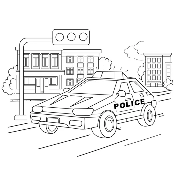 Coloring Page Outline of cartoon police car. Полиция. Изображения транспорта или транспортного средства для детей. Вектор. Раскраска для детей . — стоковый вектор