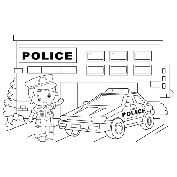 Página para colorear Esquema de policía de dibujos animados con coche. Profesión - policía. Transporte de imágenes o vehículo para niños. Libro para colorear para niños . — Vector de stock