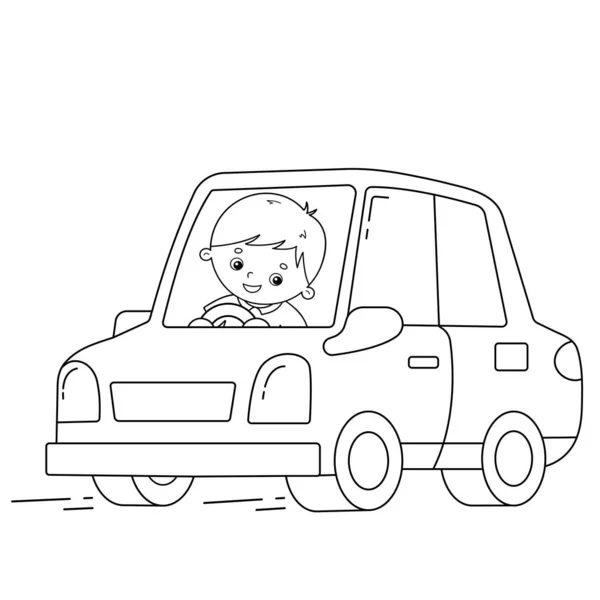 Färgläggning sida översikt av tecknad bil med förare. Bildtransport eller fordon för barn. Målarbok för barn. — Stock vektor