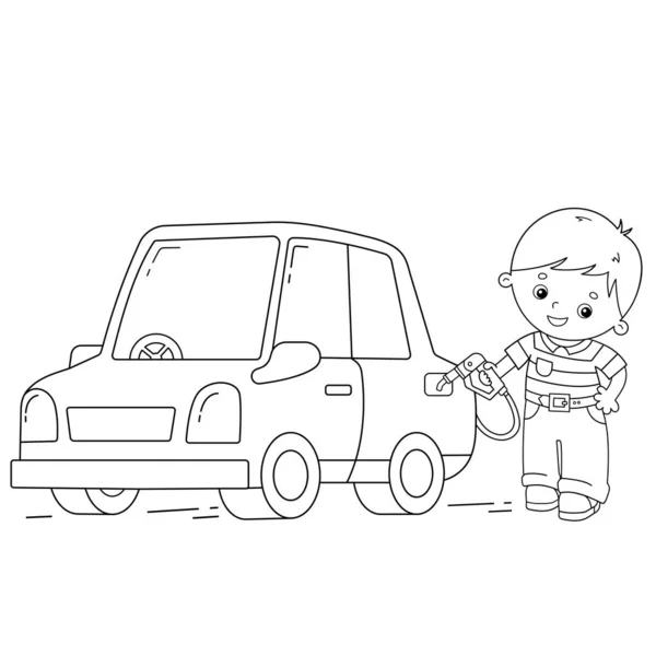 Benzin istasyonunda arabası olan çizgi film sürücüsünün ana hatları. Çocuklar için resim ya da araç. Çocuklar için boyama kitabı. — Stok Vektör