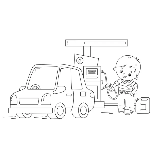 Χρωματισμός Σελίδα Περίγραμμα του οδηγού κινουμένων σχεδίων με αυτοκίνητο στο βενζινάδικο. Μεταφορά εικόνων ή όχημα για παιδιά. Βιβλίο ζωγραφικής για παιδιά. — Διανυσματικό Αρχείο