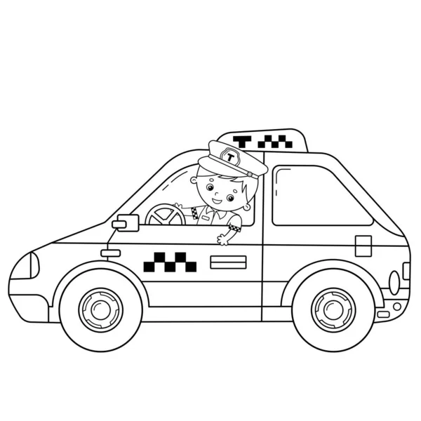 Página para colorear Esquema de dibujos animados taxista con coche. Profesión - conductor. Taxi. Transporte de imágenes o vehículo para niños. Libro para colorear para niños . — Vector de stock