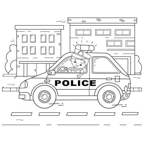 Disegno da colorare Profilo del poliziotto dei cartoni animati con auto. Professione - polizia. Trasporto immagini o veicolo per bambini. Libro da colorare per bambini . — Vettoriale Stock