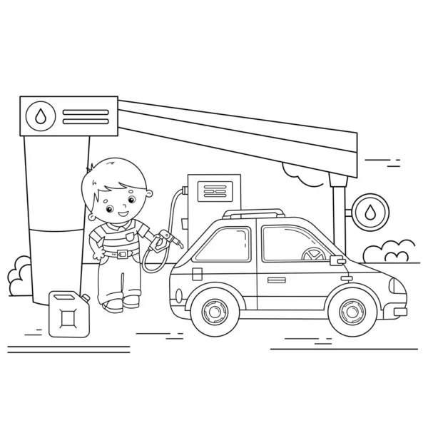 Página para colorear Esquema De conductor de dibujos animados con coche en la gasolinera. Imágenes transporte o vehículo para niños. Libro para colorear para niños . — Vector de stock