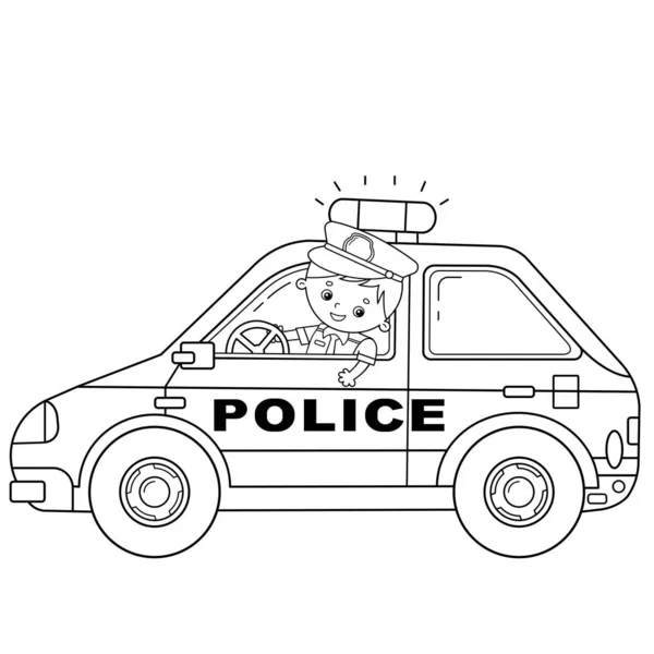 Χρωματισμός σελίδα περίγραμμα του αστυνομικού κινουμένων σχεδίων με το αυτοκίνητο. Επάγγελμα - αστυνομία. Μεταφορά εικόνας ή όχημα για παιδιά. Βιβλίο ζωγραφικής για παιδιά. — Διανυσματικό Αρχείο