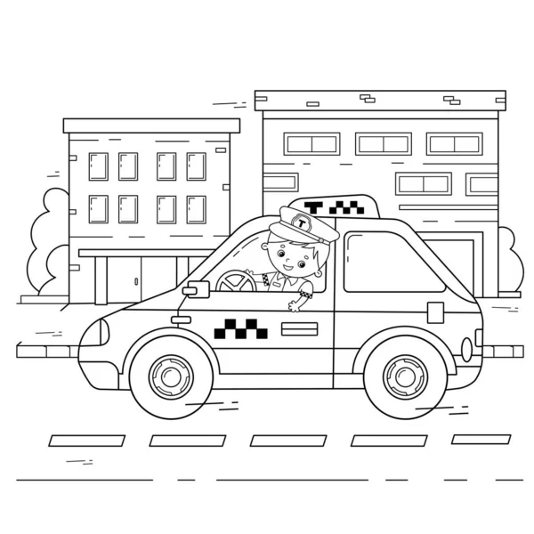 Coloriage Aperçu De chauffeur de taxi dessin animé avec voiture. Profession - chauffeur. Un taxi. Transport d'images ou véhicule pour enfants. Livre à colorier pour enfants . — Image vectorielle