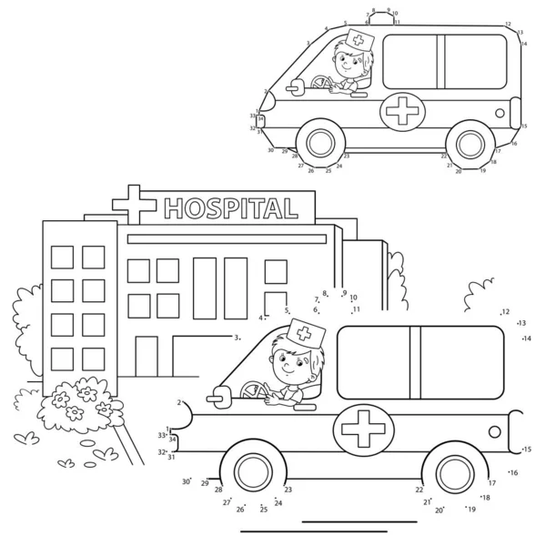 Educatieve Puzzelspel voor kinderen: nummers spel. Ambulance auto. Kleurplaat Overzicht van cartoon arts met ambulance auto in de buurt van het ziekenhuis. Kleurboek voor kinderen. — Stockvector
