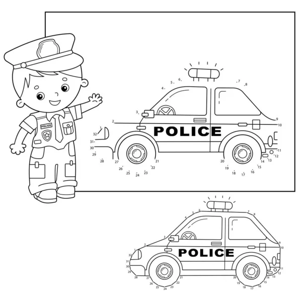 Puzzle game police car, color by number sheet for children. Vector coloring  page for learning numbers Stock Vector