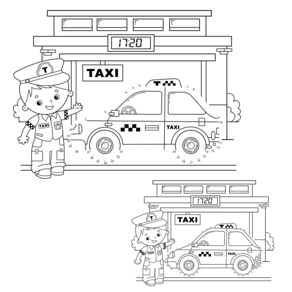Jeu de Puzzle éducatif pour les enfants : jeu de nombres. Un taxi. Coloriage Aperçu De chauffeur de taxi dessin animé avec voiture. Livre à colorier pour enfants . — Image vectorielle