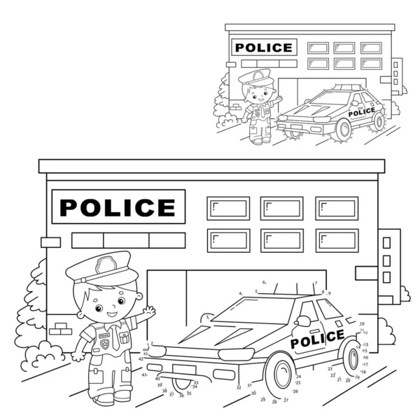 아이들을 위한 교육 퍼즐 게임: 숫자 게임 . 경찰차. 컬러 페이지에는 경찰관 이 차를 타고 있다. 어린이용 색칠 공부 책. — 스톡 벡터