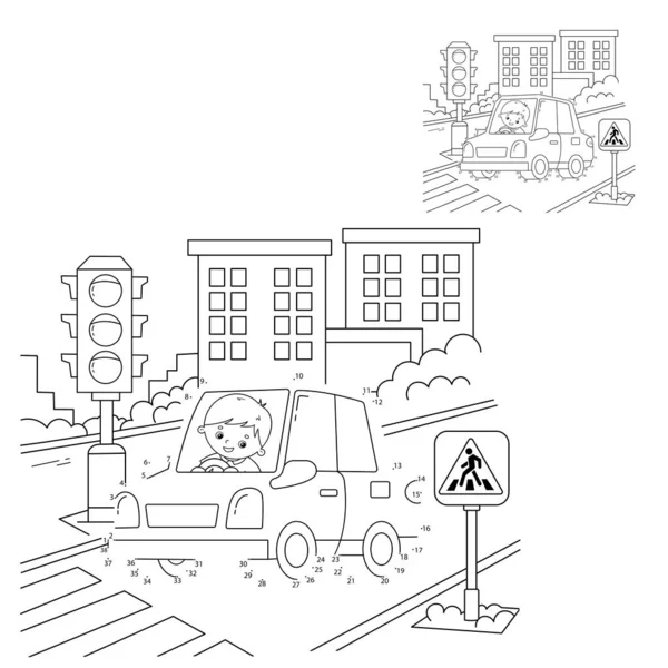 Juego de rompecabezas educativo para niños: juego de números. Coche. Página para colorear Esquema de coche de dibujos animados con conductor en la carretera. Libro para colorear para niños . — Vector de stock