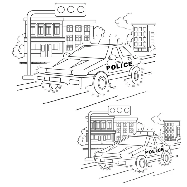 Educational Puzzle Game per bambini: numeri di gioco.Auto della polizia. Disegno da colorare Profilo del poliziotto dei cartoni animati con auto. Libro da colorare per bambini . — Vettoriale Stock