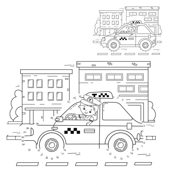 Jeu de Puzzle éducatif pour les enfants : jeux de numéros.Taxi. Coloriage Aperçu De chauffeur de taxi dessin animé avec voiture. Livre à colorier pour enfants . — Image vectorielle