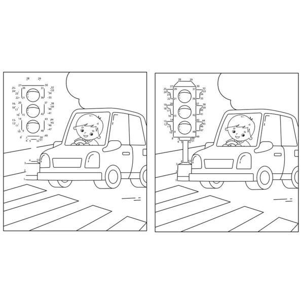 Εκπαιδευτικό παιχνίδι παζλ για τα παιδιά: αριθμοί παιχνίδι. Το φανάρι. Χρωματισμός Σελίδα Περίγραμμα του αυτοκινήτου κινουμένων σχεδίων με οδηγό στο δρόμο. Βιβλίο ζωγραφικής για παιδιά. — Διανυσματικό Αρχείο