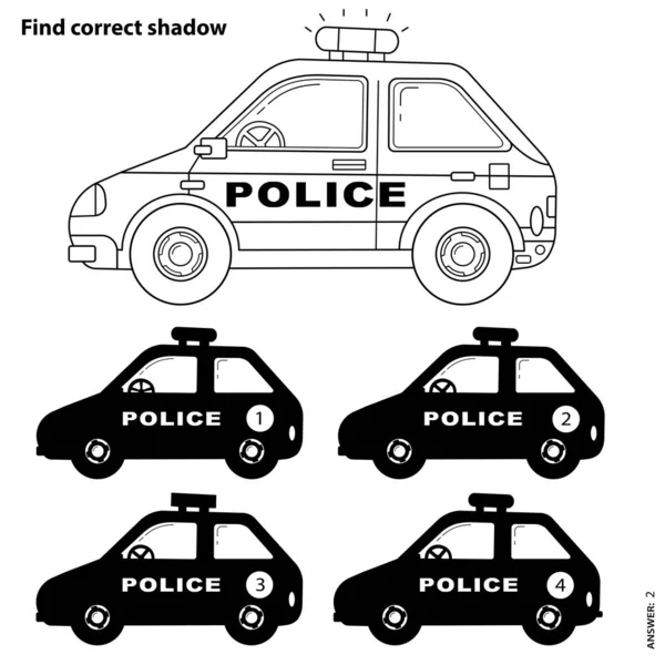 Воспитательная игра для детей. Найдите правильную тень. Полицейская. Coloring Page Outline of cartoon police car. Раскраска для детей . — стоковый вектор
