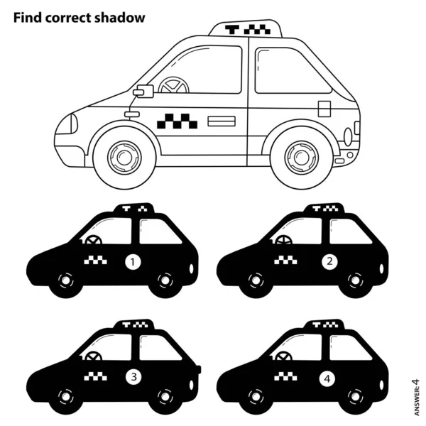 Jeu de Puzzle éducatif pour les enfants. Trouvez l'ombre correcte. Une voiture de taxi. Coloriage Aperçu du taxi de dessin animé. Livre à colorier pour enfants . — Image vectorielle