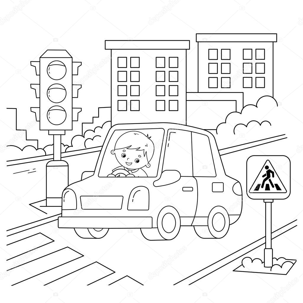 Coloring Page Outline Of cartoon car with driver on road. Traffic light. Image transport or vehicle for children. Coloring book for kids.
