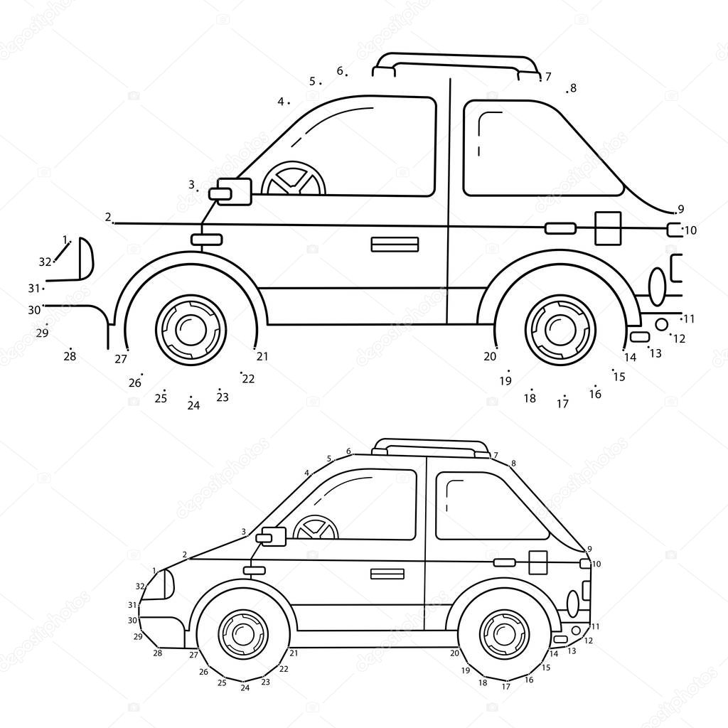 Car. Educational Puzzle Game for kids: numbers game. Image transport or vehicle for children. Coloring book.