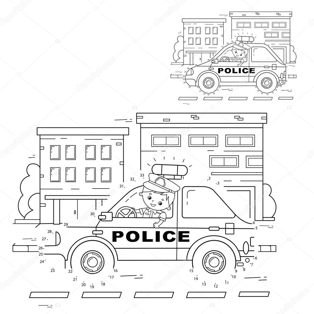 Educational Puzzle Game for kids: numbers game.Police car. Coloring Page Outline Of cartoon policeman with car. Coloring book for children.