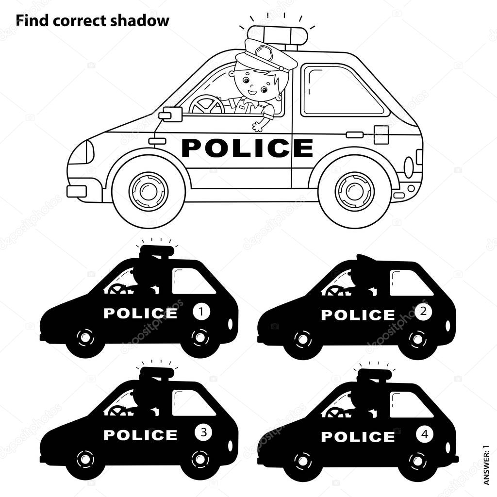 Educational Puzzle Game for kids. Find correct shadow. Police car. Coloring Page Outline Of cartoon policeman with car. Coloring book for children.