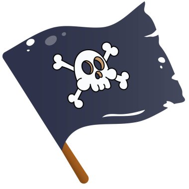 Beyaz arka planda karikatür korsan bayrağının renkli görüntüsü. Siyah bayrak ve kafatası çizimi. Jolly Roger. Çocuklar için korsan partisi için dekoratif unsur. Vektör illüstrasyonu.