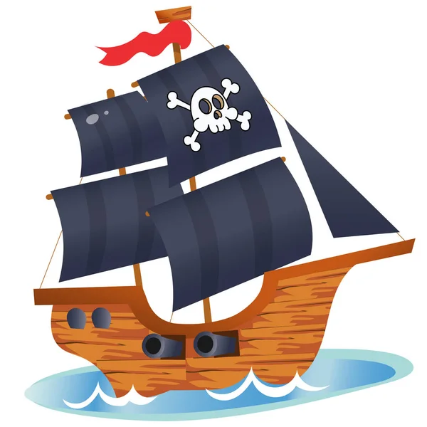 Immagine a colori di nave pirata cartone animato su uno sfondo bianco. Barca a vela con vele nere con teschio in disegno marino. Elemento isolato per festa dei pirati per bambini. Illustrazione vettoriale . — Vettoriale Stock