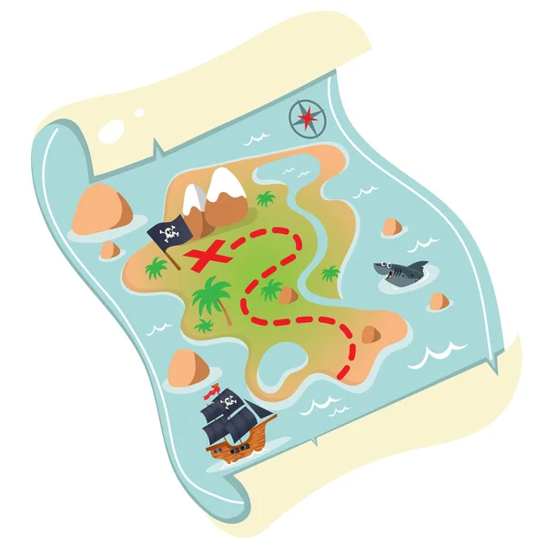 Color image of cartoon treasure map on a white background. Pirate map of treasure drawing. Decorative element for pirate party for kids. Vector illustration. — Stock Vector