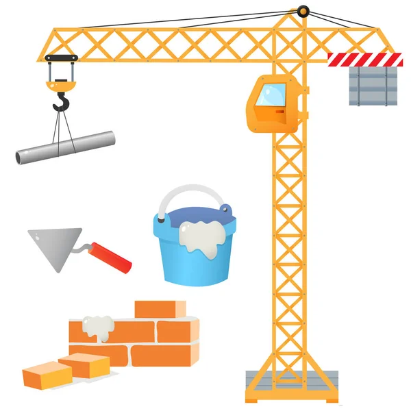 Image en couleur de la grue élévatrice sur fond blanc. Un mur de briques. Ciment avec rotule. Construction. Profession : constructeur. Ensemble d'illustrations vectorielles pour enfants . — Image vectorielle