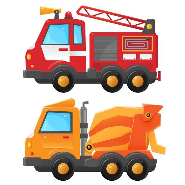Imagen en color de camión de bomberos y hormigonera sobre un fondo blanco. Ilustraciones vectoriales de transporte para niños . — Vector de stock