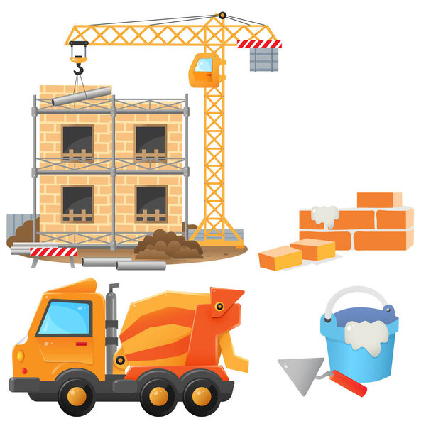 Color image of build of house on a white background. Elevating crane. Concrete mixer. Cement with shpatel. Brick wall. Construction. Profession: builder. Vector illustration set for kids. 
