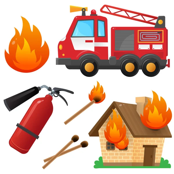 Warna gambar truk pemadam kebakaran pada latar belakang putih. Api, api, alat pemadam. Rumah terbakar. Cocok. Mesin pemadam kebakaran kartun. Profesi: pemadam kebakaran. Kendaraan, transportasi untuk anak-anak. Set ilustrasi vektor  . Stok Ilustrasi 